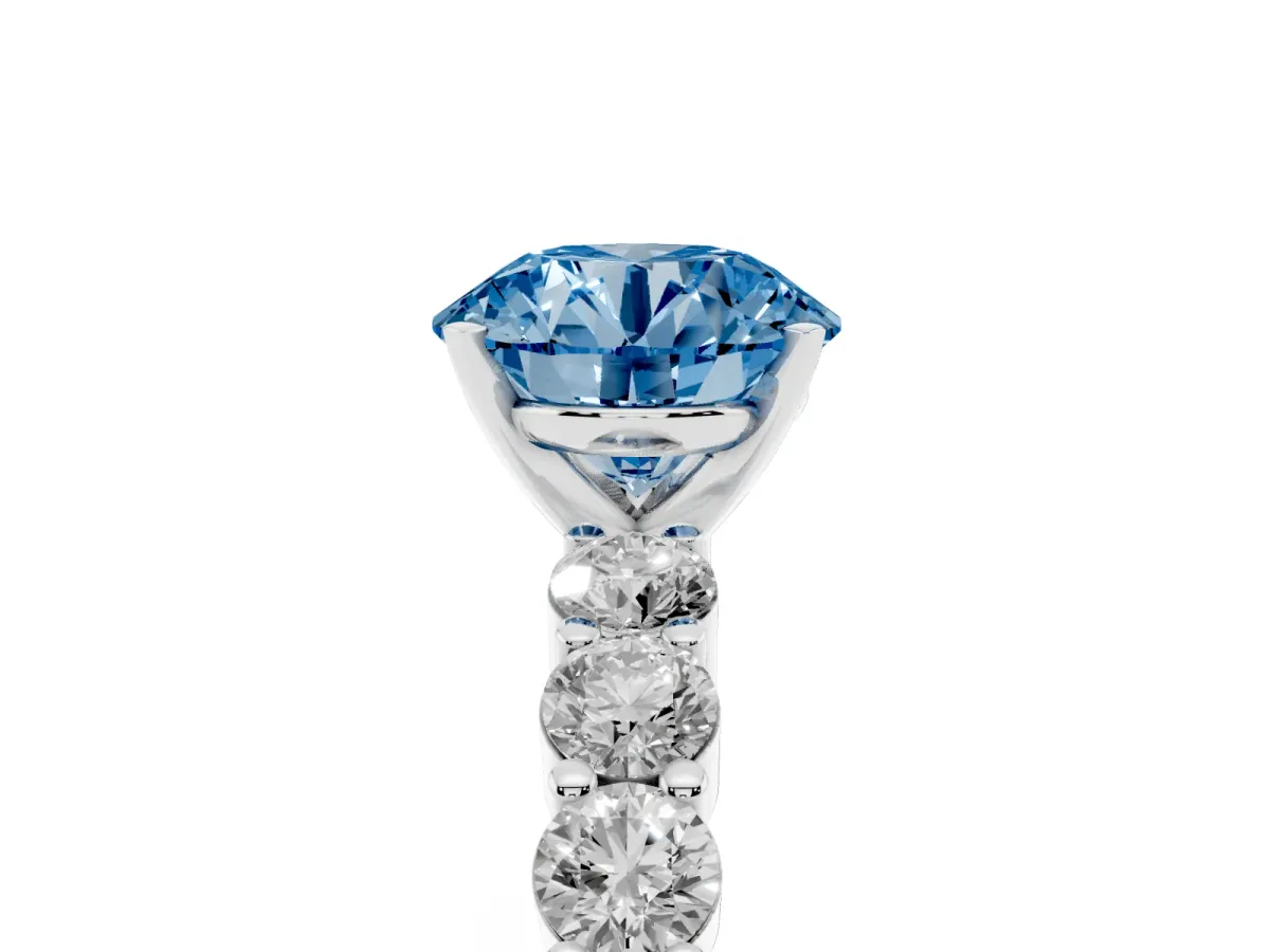 Fancy Blue Round Cut Diamond Solitaire Ring with Shared Prong Round Side Stones Silver