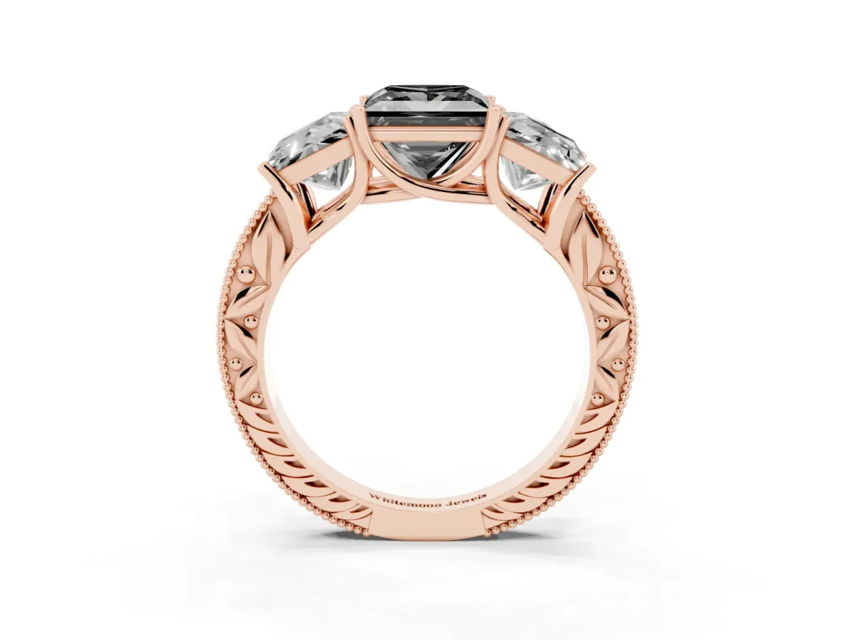 Fancy Black Three-Stone Princess Cut Cut Milgrain Pavé Engagement Ring Rose gold
