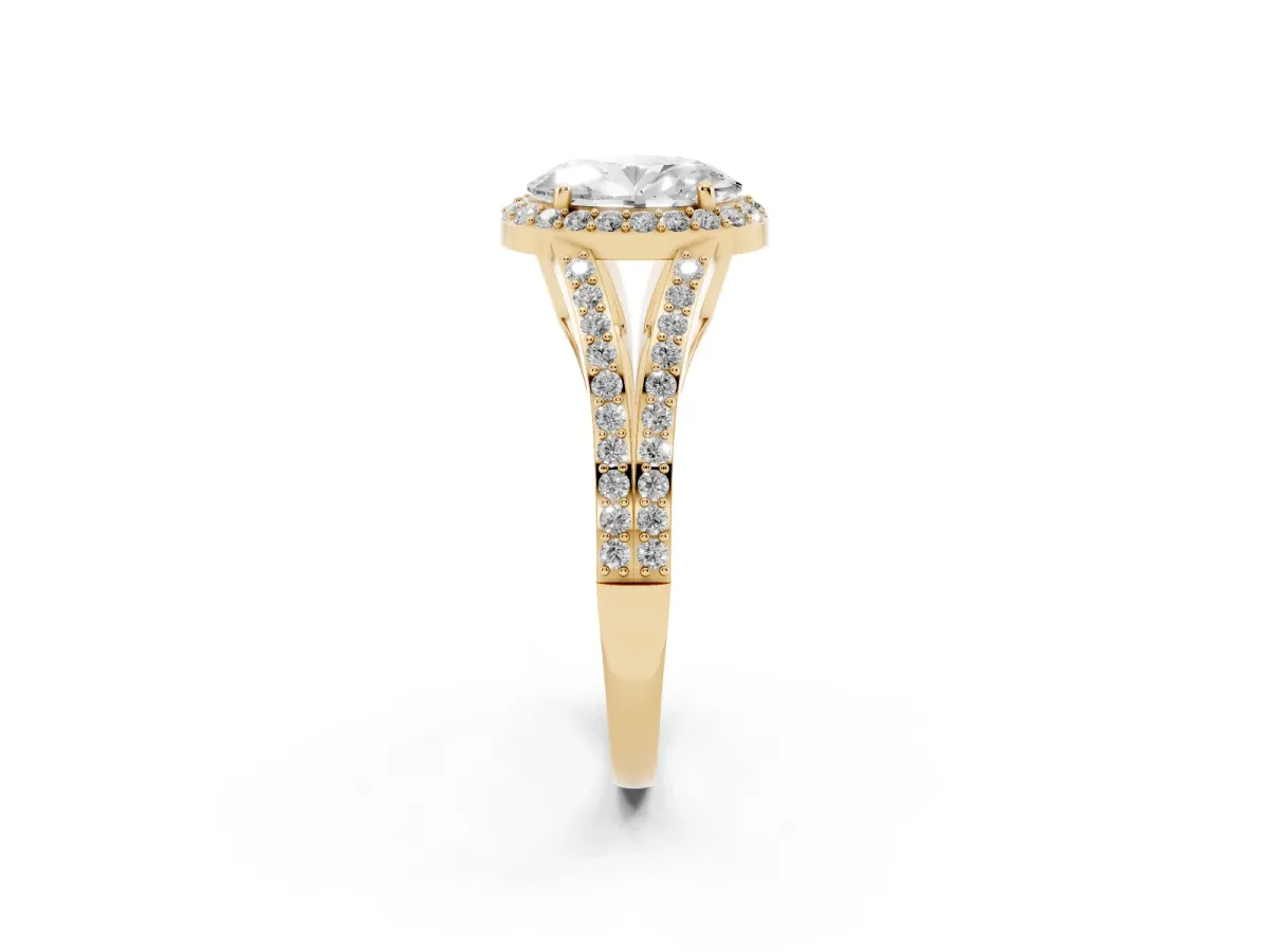 Oval Cut Halo Split Shank Diamond Ring with Prong Setting Yellow gold