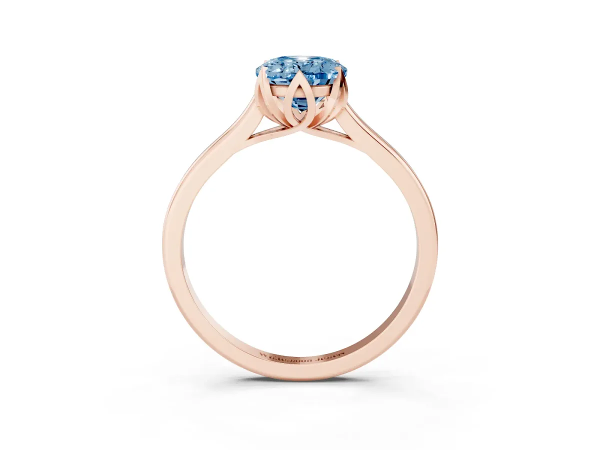 Fancy Blue Oval Cut Diamond Solitaire Ring with Flower Prong Setting and Classic Band Rose gold