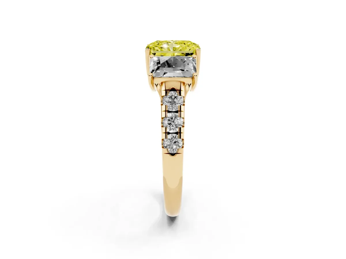 Fancy Yellow Three-Stone Radiant Cut Diamond Pavé Band with Prong Setting Yellow gold