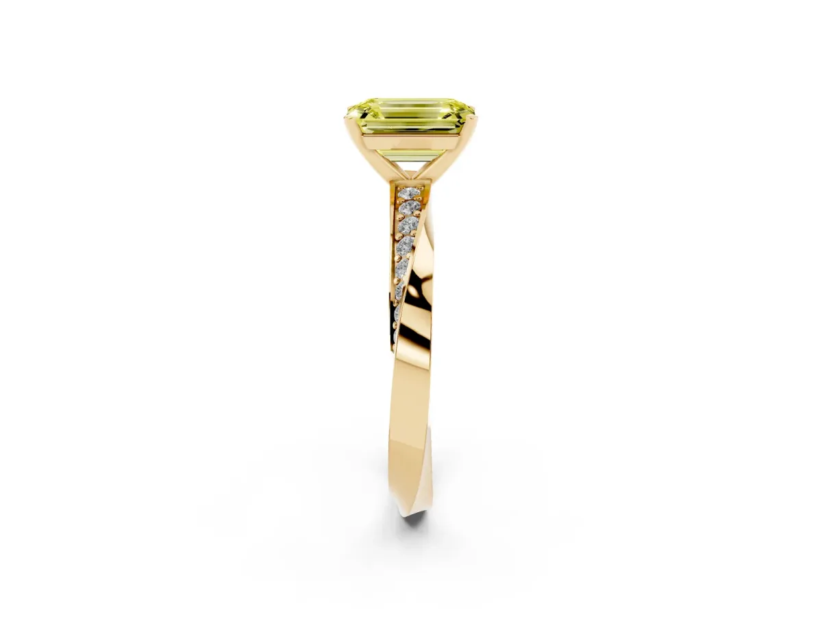 Fancy Yellow Emerald Cut Diamond Engagement Ring with Side Stone Accents and Four-Prong Setting Yellow gold