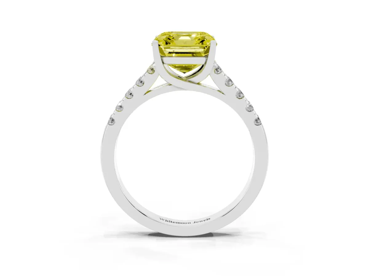 Fancy Yellow Asscher Cut Diamond Pavé Band Solitaire Ring with Prong Setting Platinum