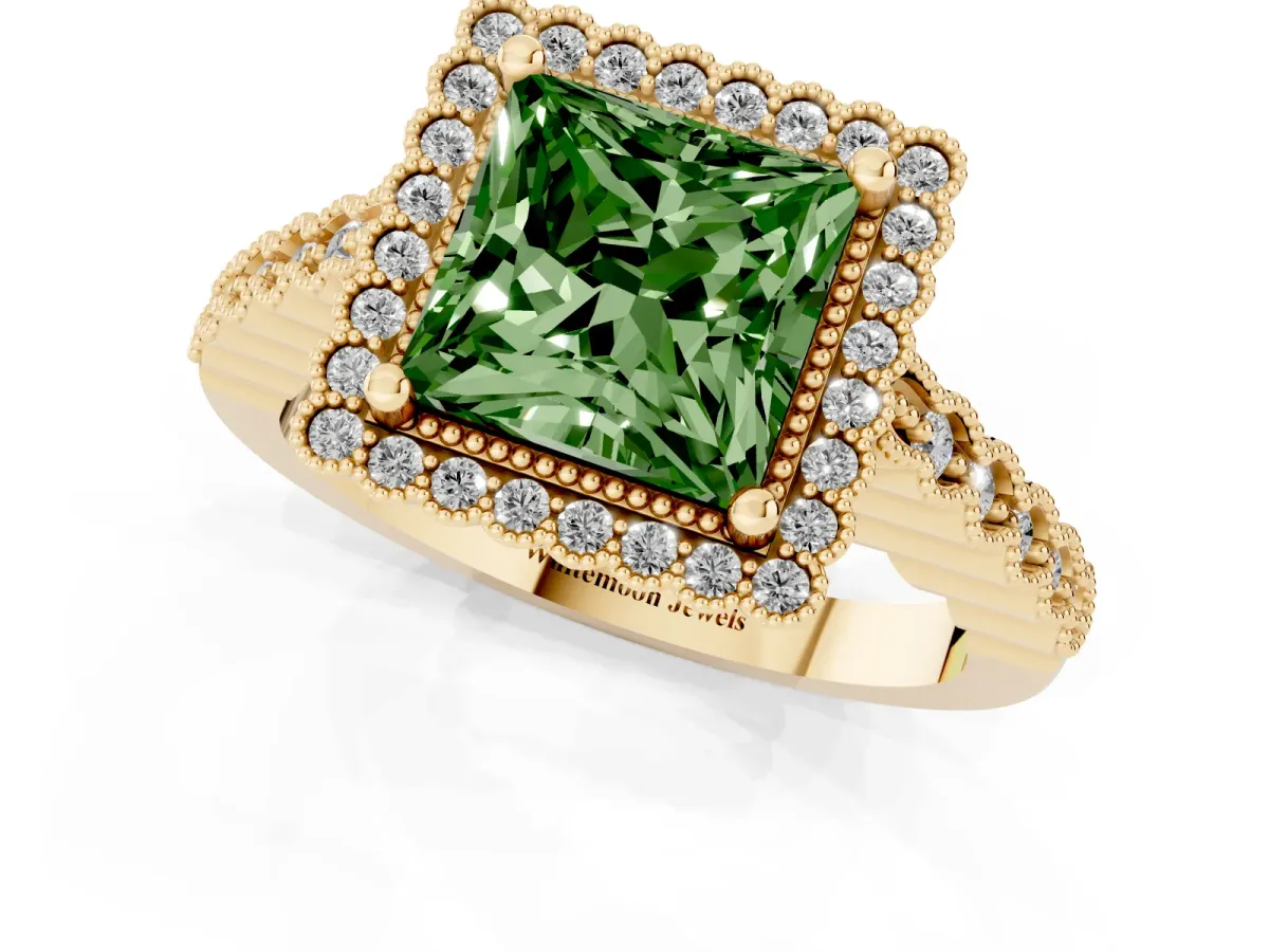 Fancy Green Princess Cut Cut Halo Pavé Solitaire Ring with Milgrain Band Yellow gold