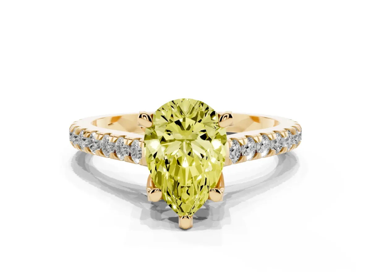 Fancy Yellow Pear Cut Brilliant Diamond Solitaire with Pavé Band and Four-Prong Setting Yellow gold