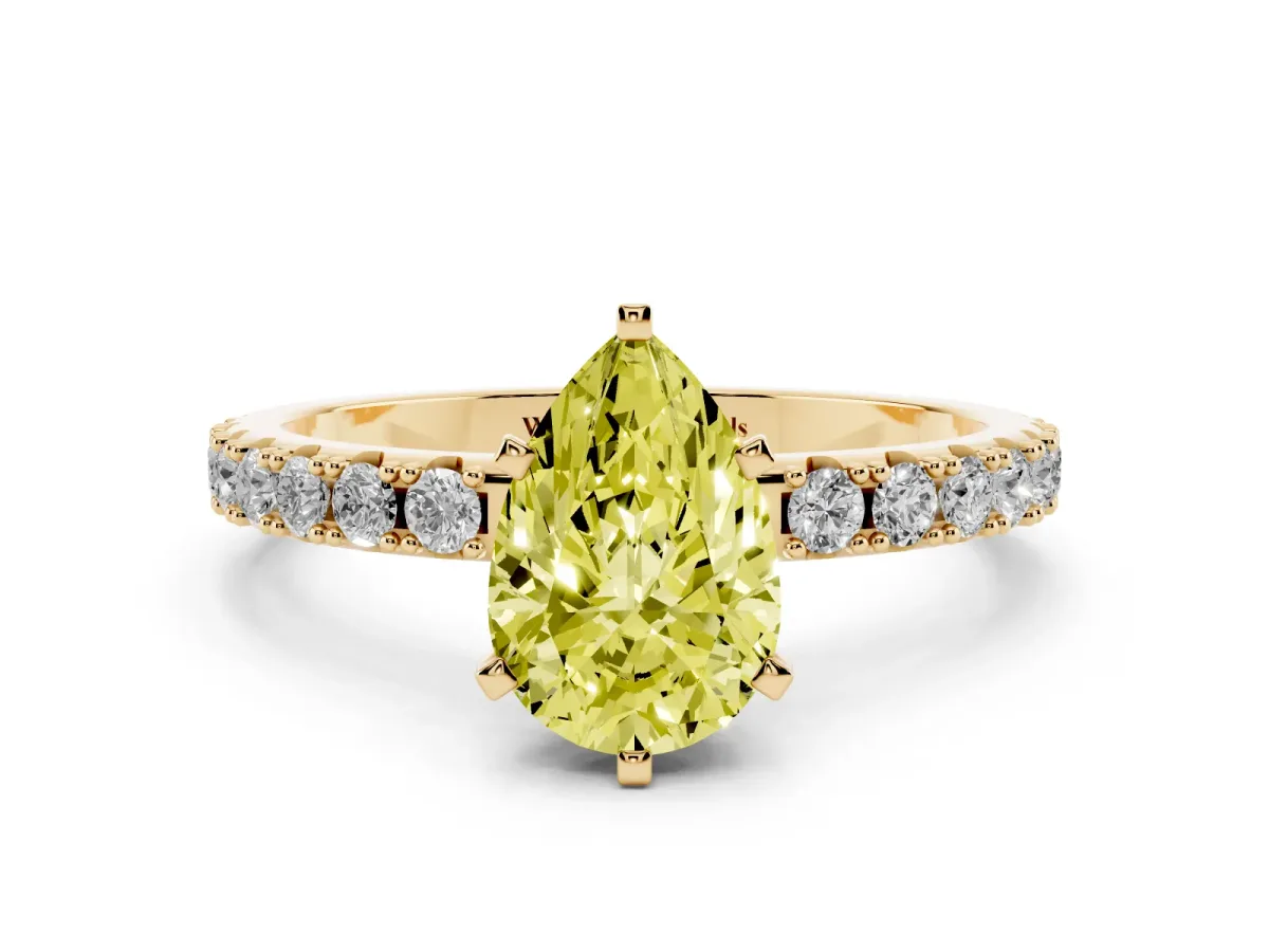 Fancy Yellow Pear Cut Diamond Solitaire Pavé Band with Four-Prong Setting Yellow gold