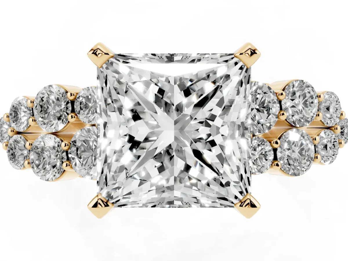 Princess Cut Cluster Diamond Engagement Ring with Pavé Band and Four-Prong Setting Yellow gold