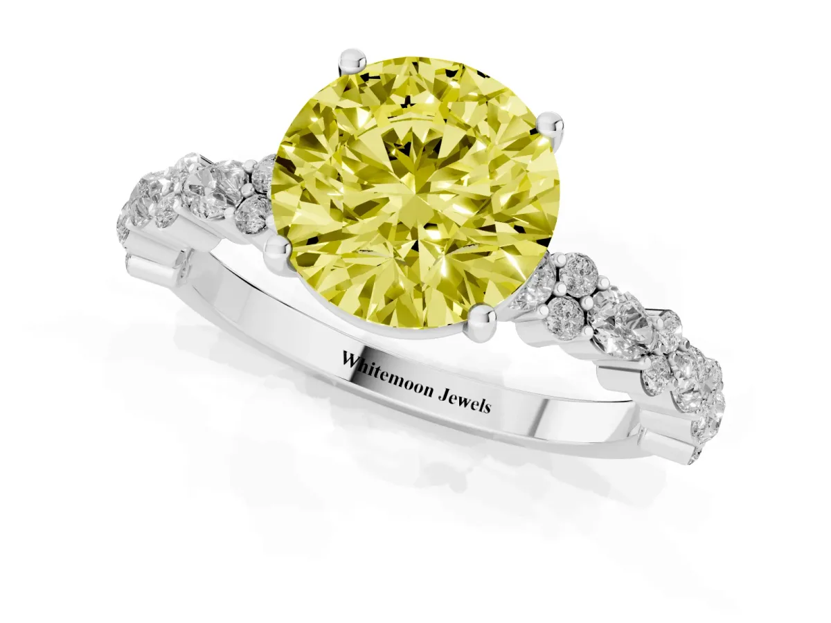 Fancy Yellow Round Cut Diamond Side Stone Solitaire Ring with Round and Four-Prong Setting Silver