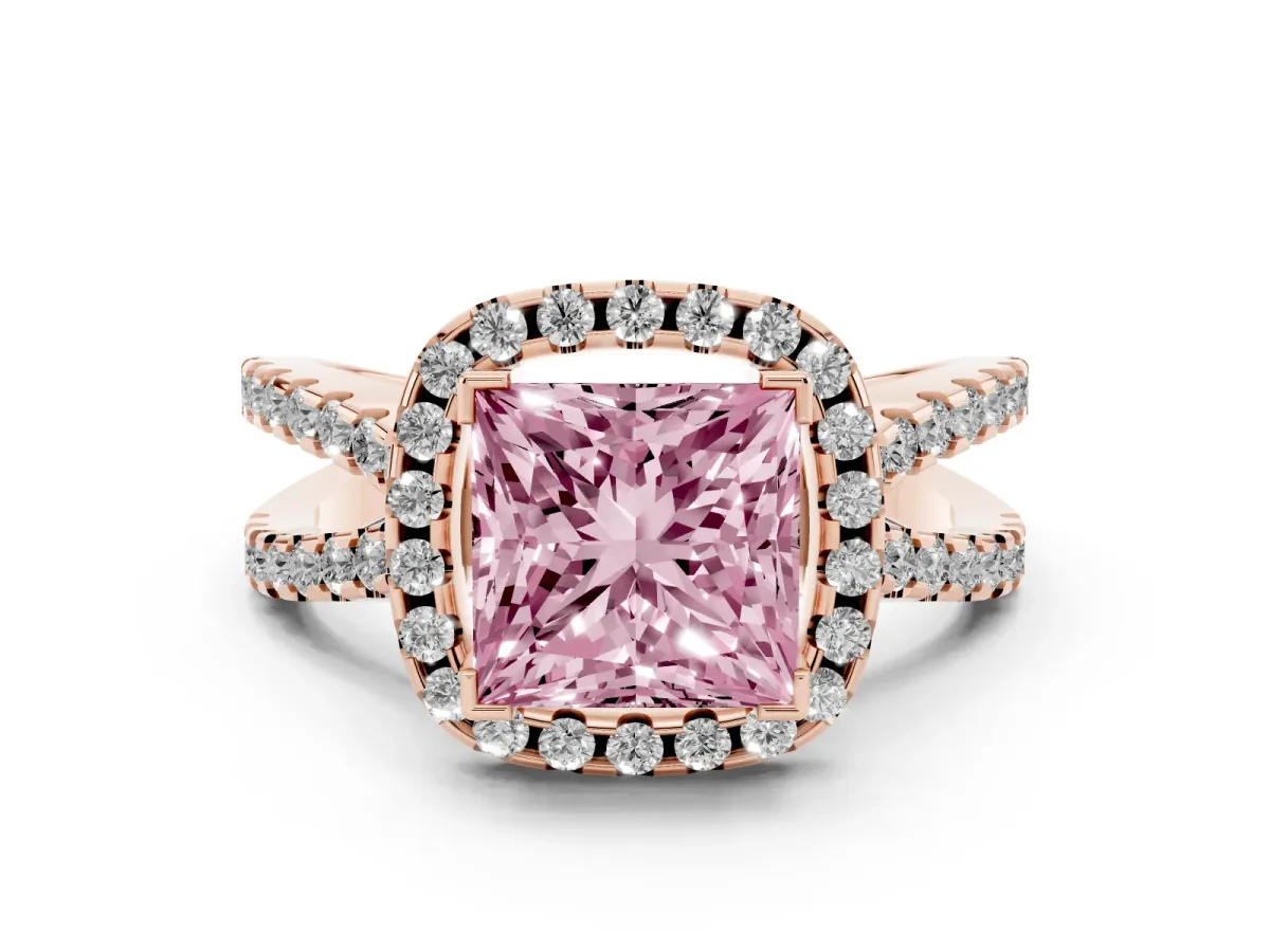 Fancy Pink Princess Cut Diamond Halo Ring with Split Shank Pavé Band and Prong Setting Rose gold