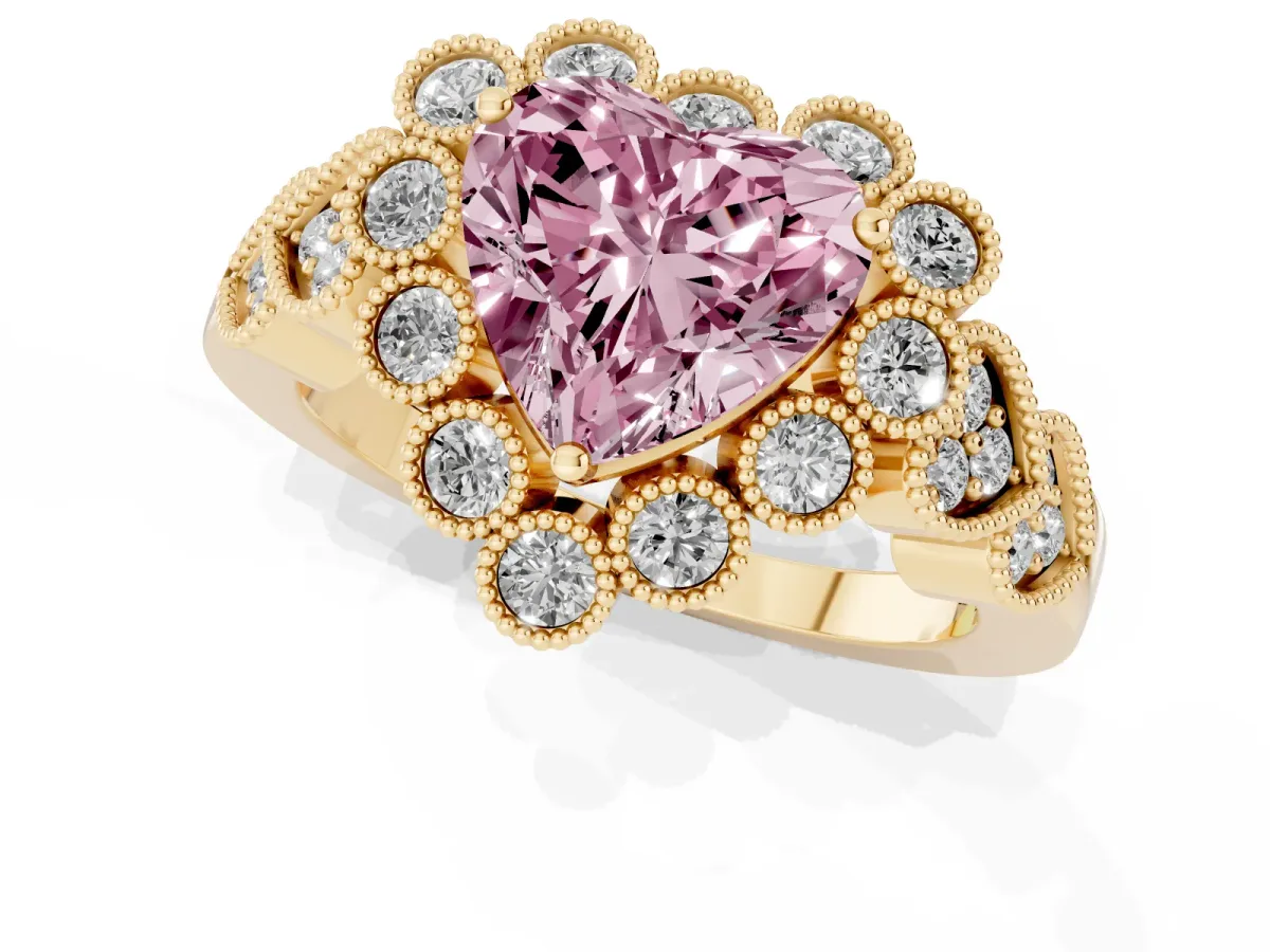 Fancy Pink Heart Cut Brilliant Milgrain Pave Heart Band Solitaire Ring Yellow gold