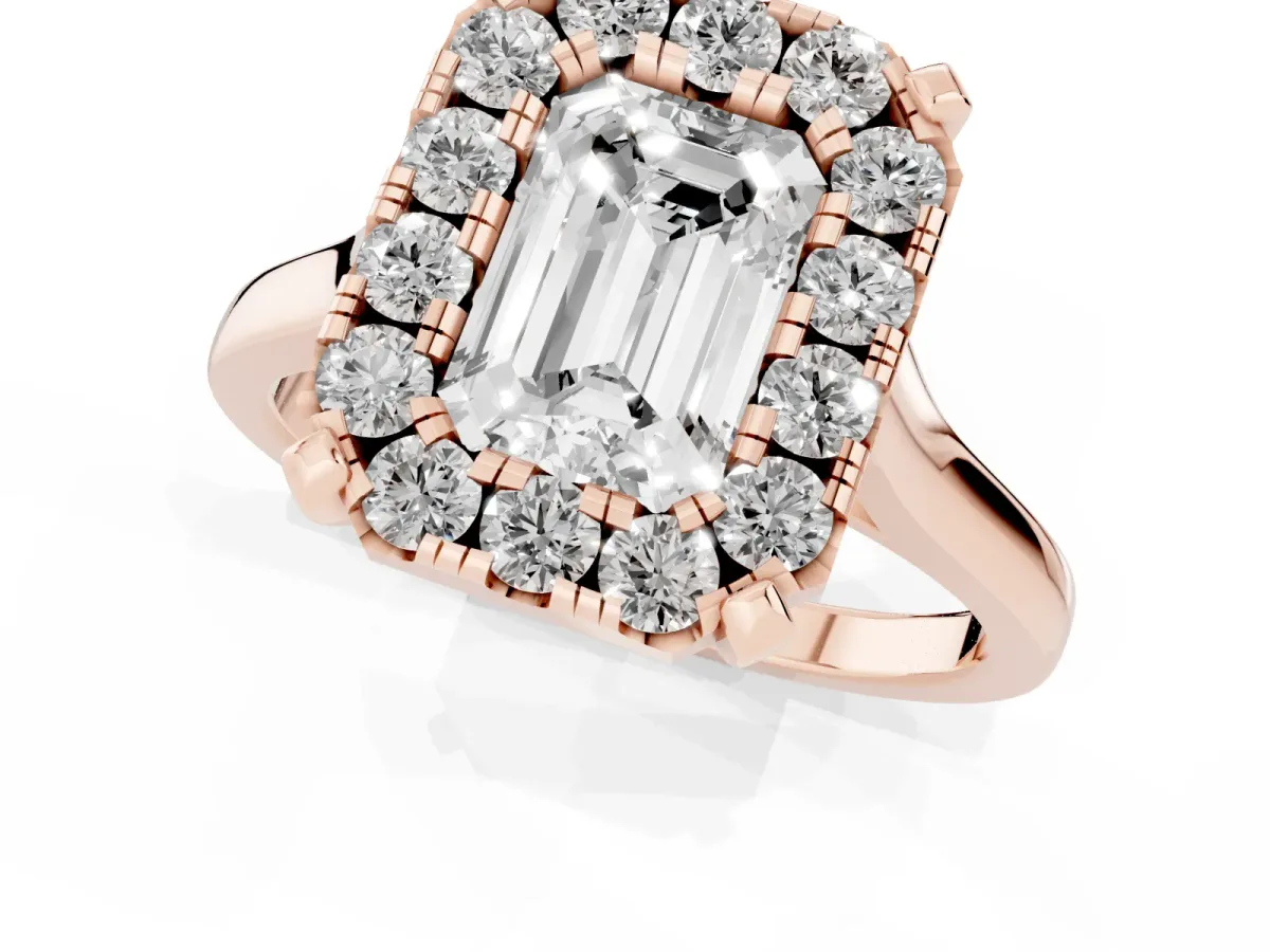 Emerald Cut Diamond Cluster Halo Solitaire with Four-Prong Setting Rose gold