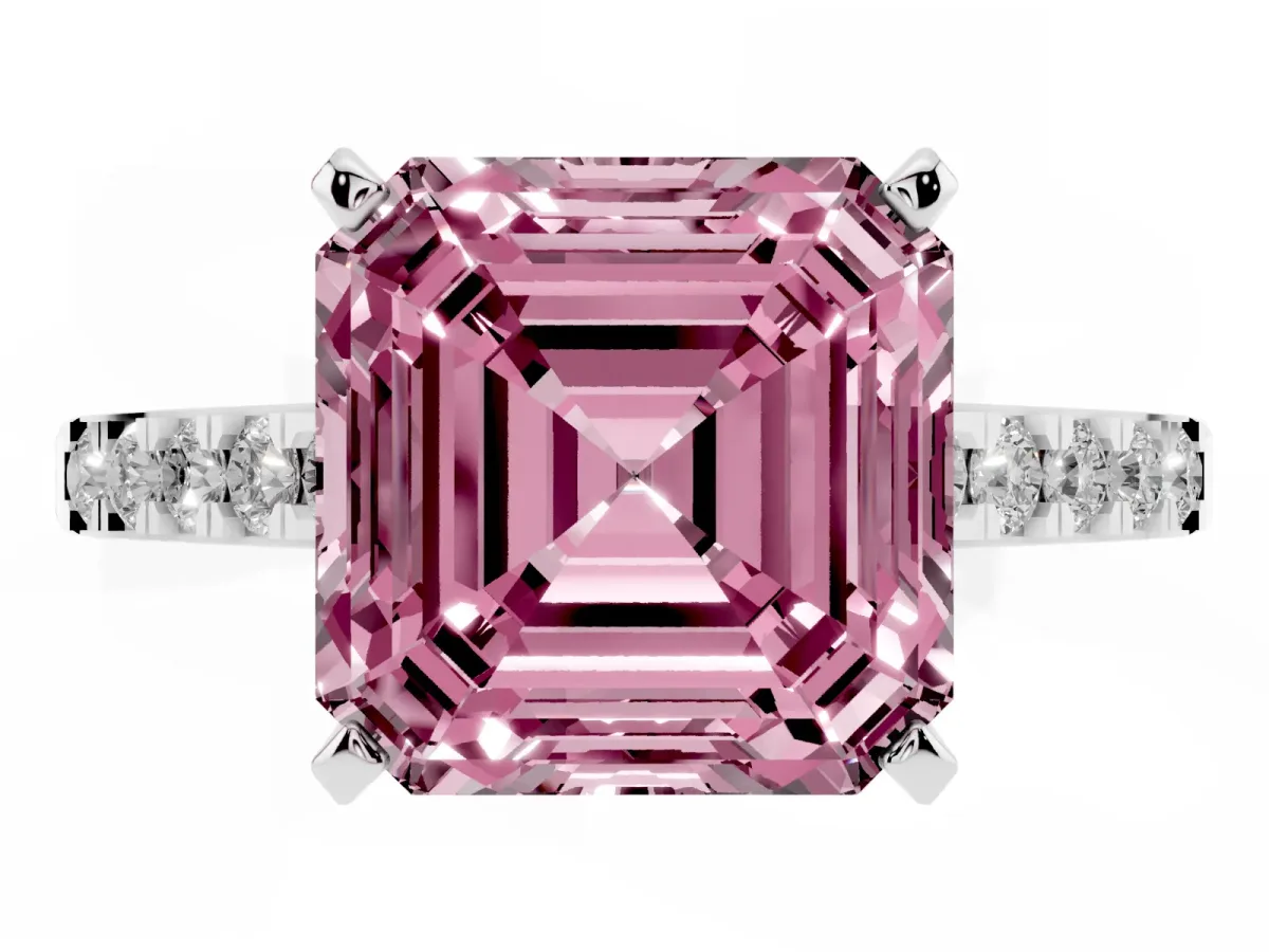 Fancy Pink Asscher Cut Diamond Solitaire Ring with Crossover Gallery and Round Pavé Band Platinum