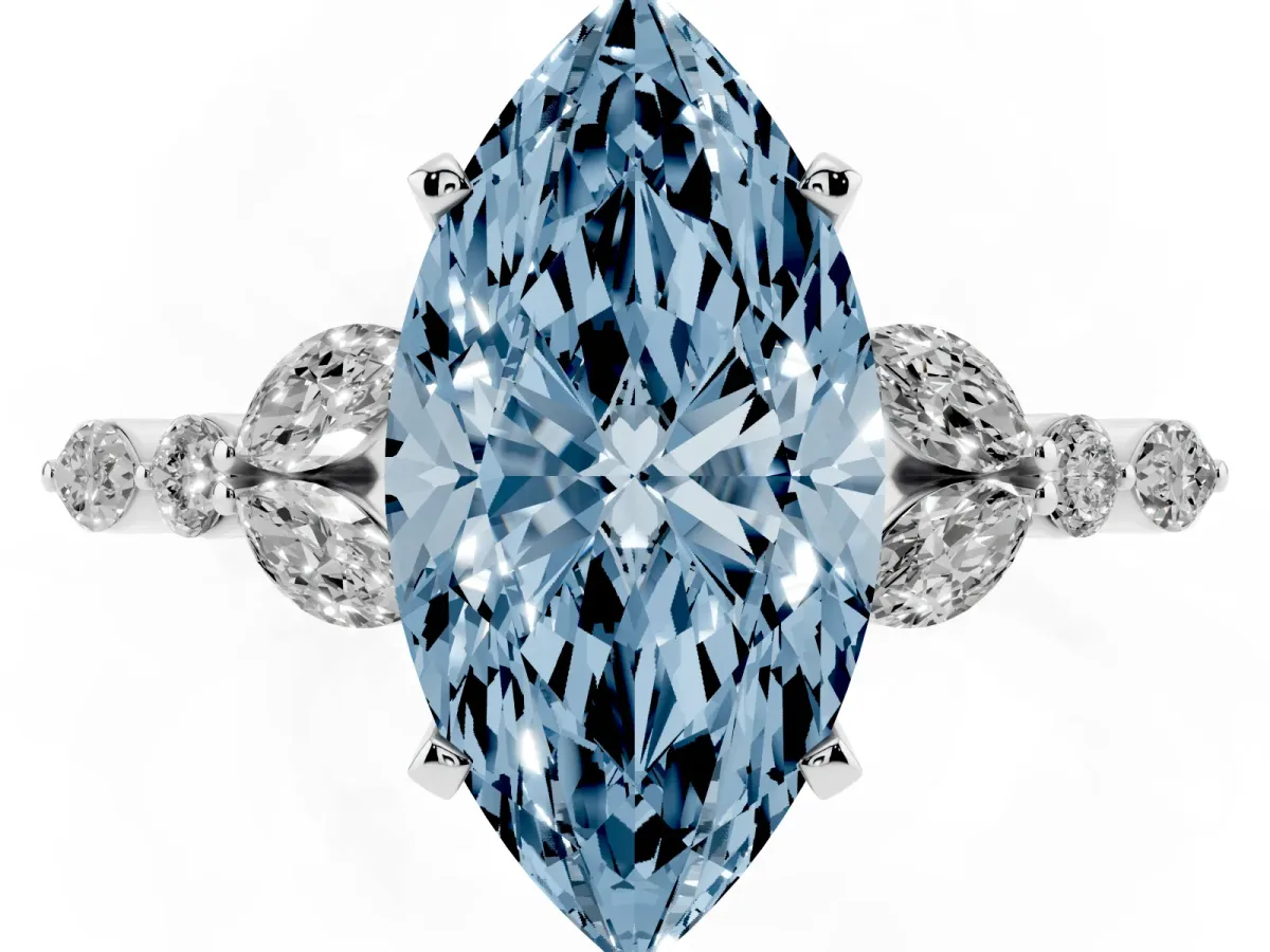 Fancy Blue Marquise Cut Diamond Solitaire Ring with Side Stones and Four-Prong Setting Platinum