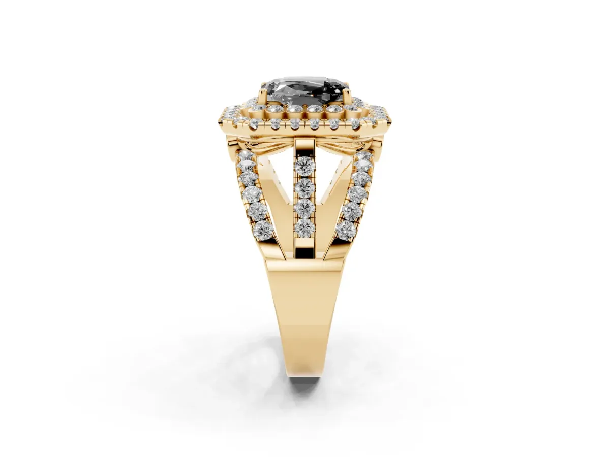 Fancy Black Emerald Cut Diamond Double Halo Ring with Round Pavé Split Shank and Prong Setting Yellow gold