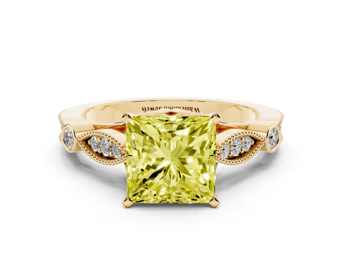 Fancy Yellow Princess Cut Cut Diamond with Milgrain Marquise and Bezel Accents on a Solitaire Band with Prong Setting Yellow gold