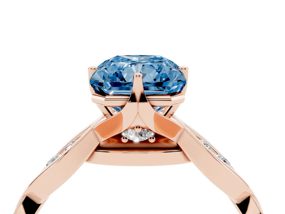 Fancy Blue Radiant Cut Solitaire Twist Band with Leaf Prong Setting Rose gold