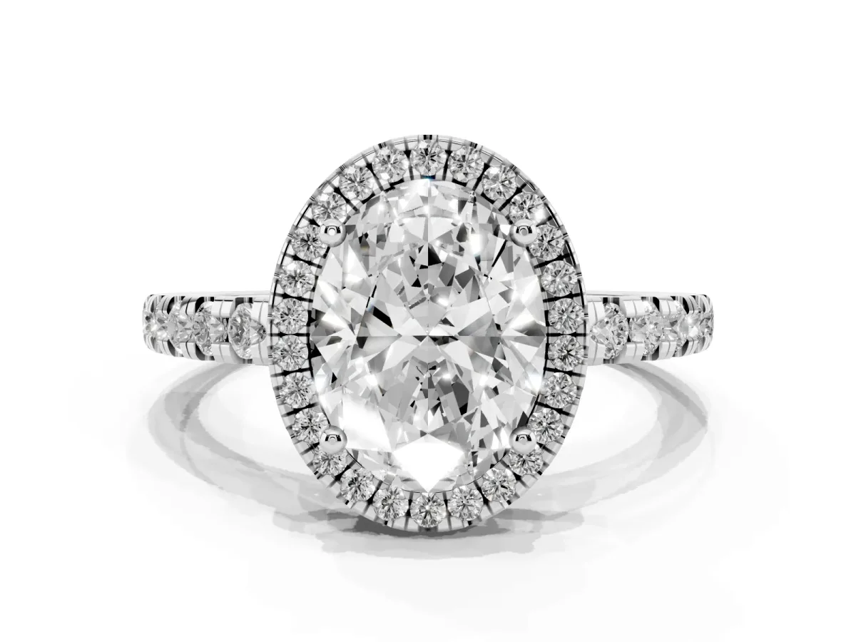 Oval Cut Diamond Halo Ring with Pavé Band and Four-Prong Setting Platinum