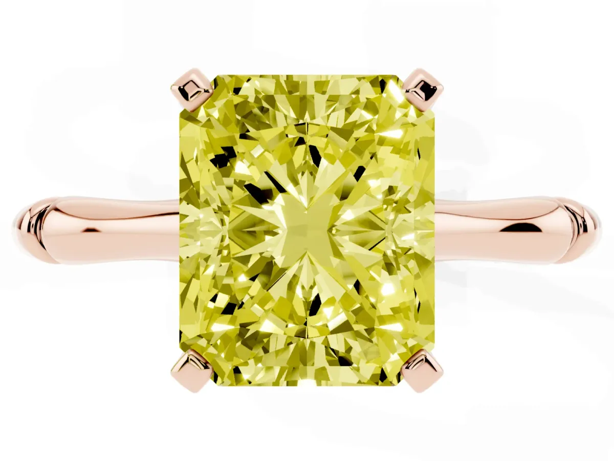 Fancy Yellow Radiant Cut Solitaire Diamond Ring with Bamboo Band and Four-Prong Setting Rose gold