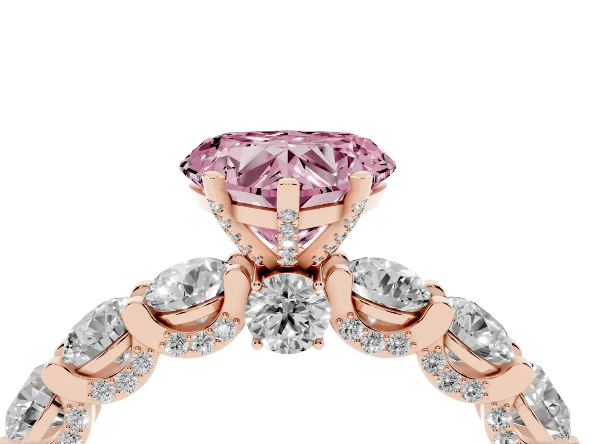 Fancy Pink Heart Cut Diamond Side Stone Engagement Ring with Four-Prong Setting Rose gold