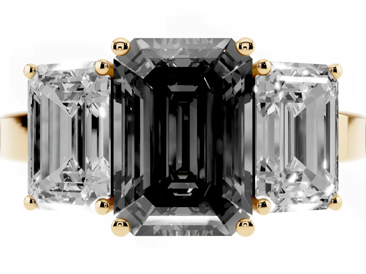 Fancy Black Three-Stone Emerald Cut Cut Diamond Engagement Ring with Flat Band and Four-Prong Setting Yellow gold