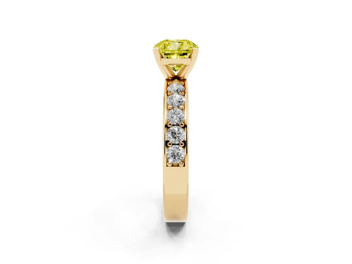 Fancy Yellow Cushion Cut Diamond Engagement Ring with Channel Set Round Band and Prong Setting Yellow gold
