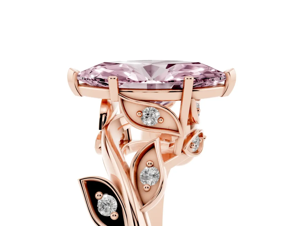 Fancy Pink Marquise Cut Solitaire Twist Engagement Ring with Leaf Accents and Prong Setting Rose gold