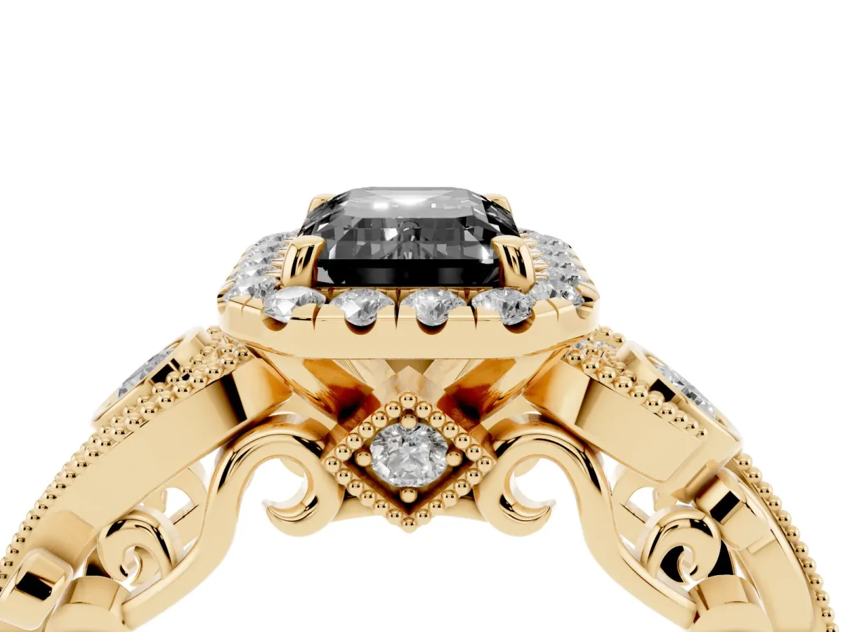Fancy Black Emerald Cut Halo Diamond Ring with Milgrain and Bezel Accents on a Split Shank Band Yellow gold