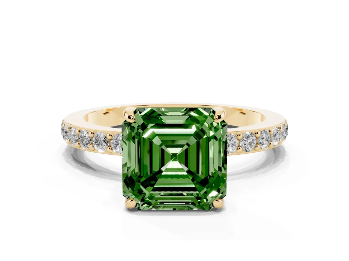 Fancy Green Asscher Cut Diamond Solitaire Engagement Ring with Pavé Band and Four-Prong Setting Yellow gold