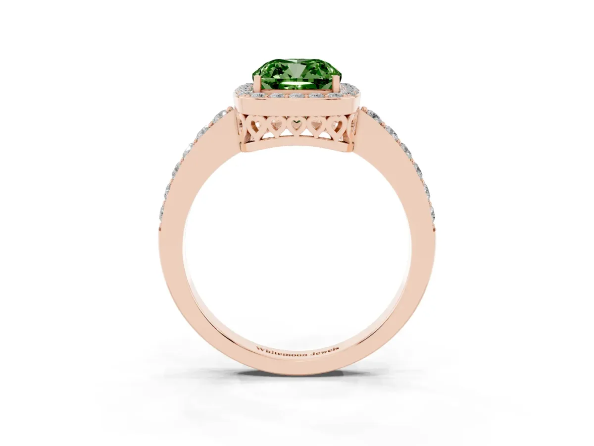 Fancy Green Cushion Cut Halo Diamond Pavé Band Ring with Prong Setting Rose gold
