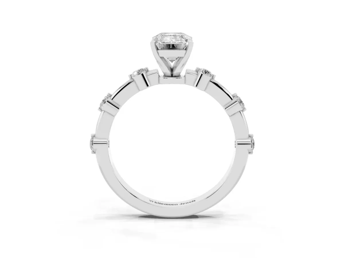 Emerald Cut Solitaire Diamond Ring with Bezel Set Side Stones and Prong Setting Platinum