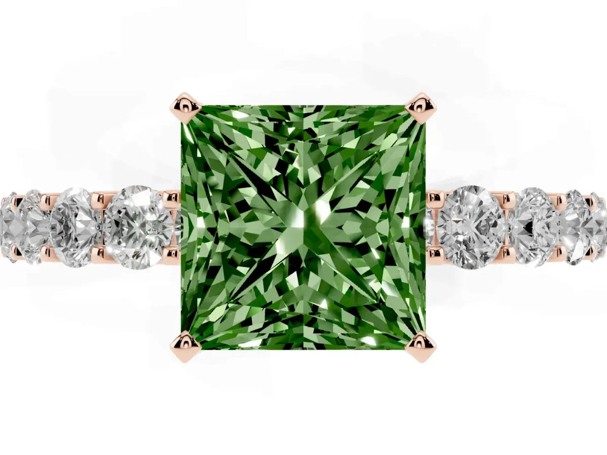 Fancy Green Princess Cut Diamond Solitaire Ring with Shared Prong Pavé Band and Four-Prong Setting Rose gold