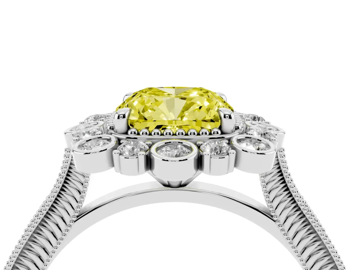 Fancy Yellow Cushion Cut Halo Milgrain Pave Diamond Ring with Four-Prong Setting Silver