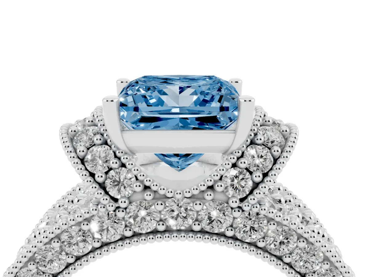 Fancy Blue Princess Cut Halo Pave Diamond Engagement Ring with Milgrain Detailing Silver
