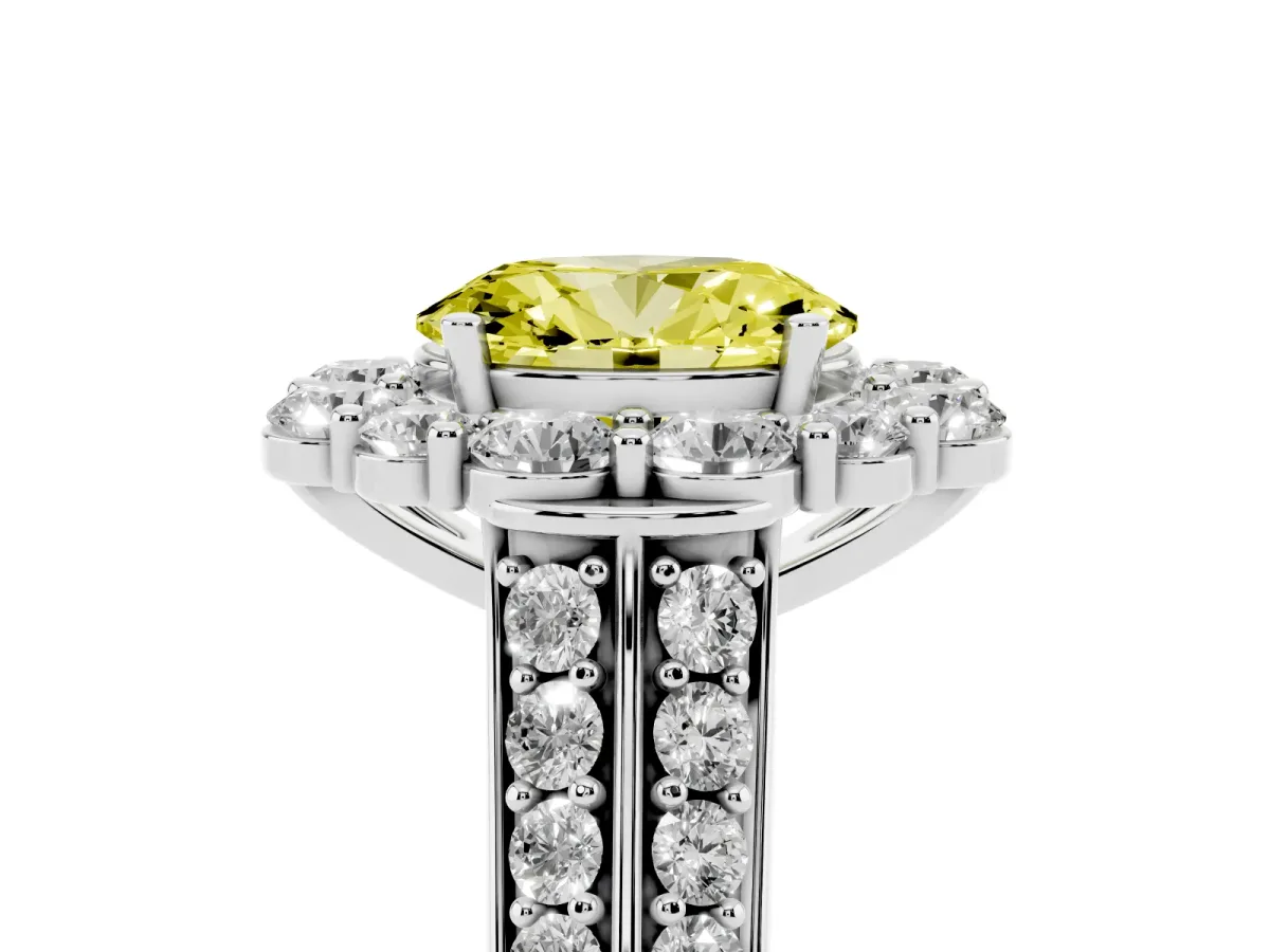 Fancy Yellow Oval Cut Halo Diamond Engagement Ring with Split Shank and Prong Setting Silver