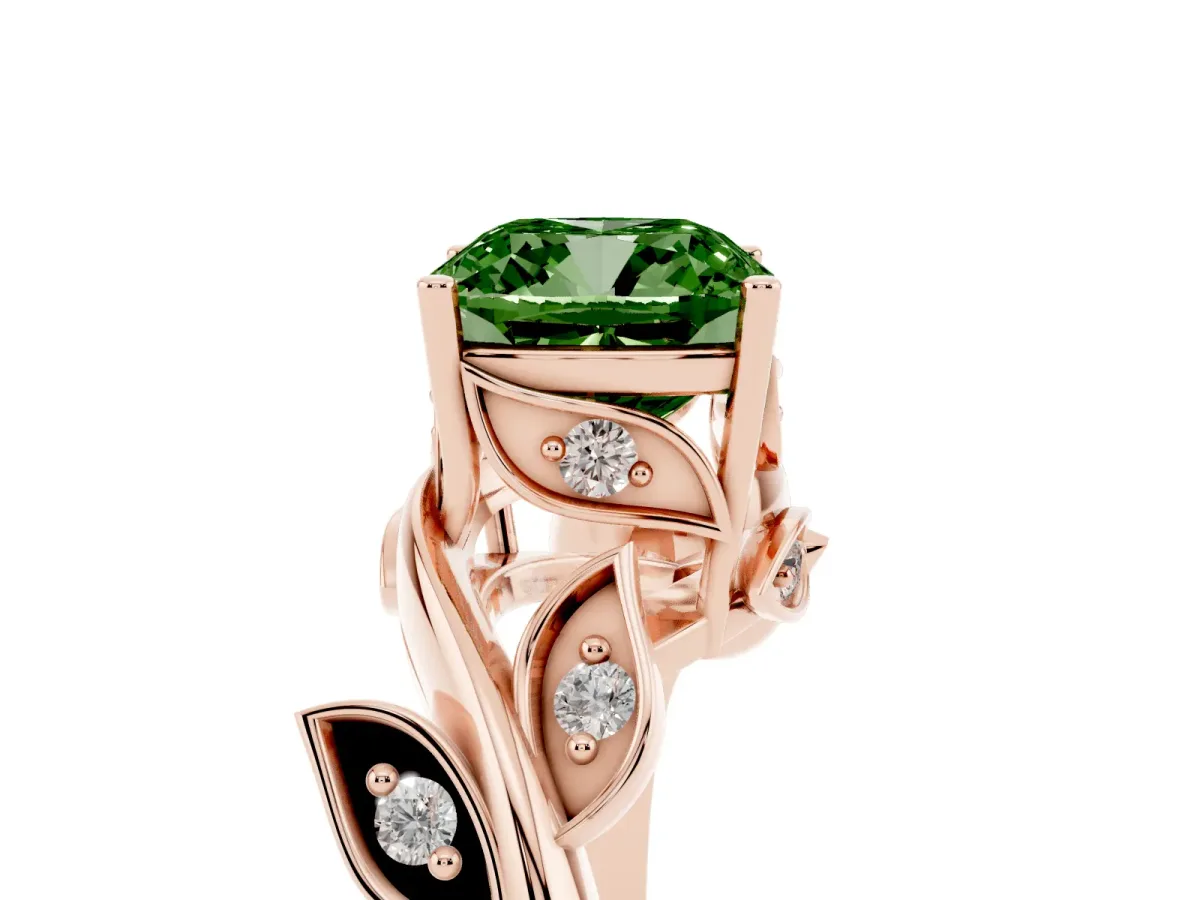 Fancy Green Cushion Cut Solitaire Twist Engagement Ring with Leaf Accents and Prong Setting Rose gold