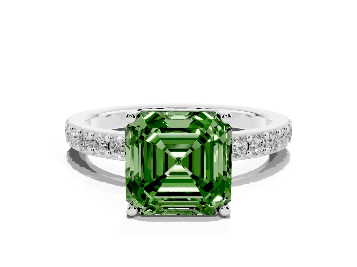 Fancy Green Asscher Cut Cut Diamond Solitaire with Pave Band and Four-Prong Setting Silver