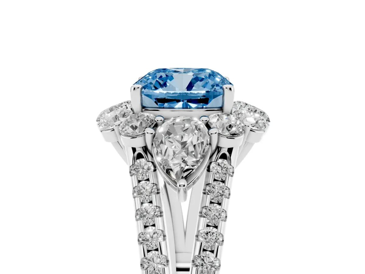 Fancy Blue Cushion Cut Halo Split Shank Diamond Engagement Ring with Prong Setting White gold