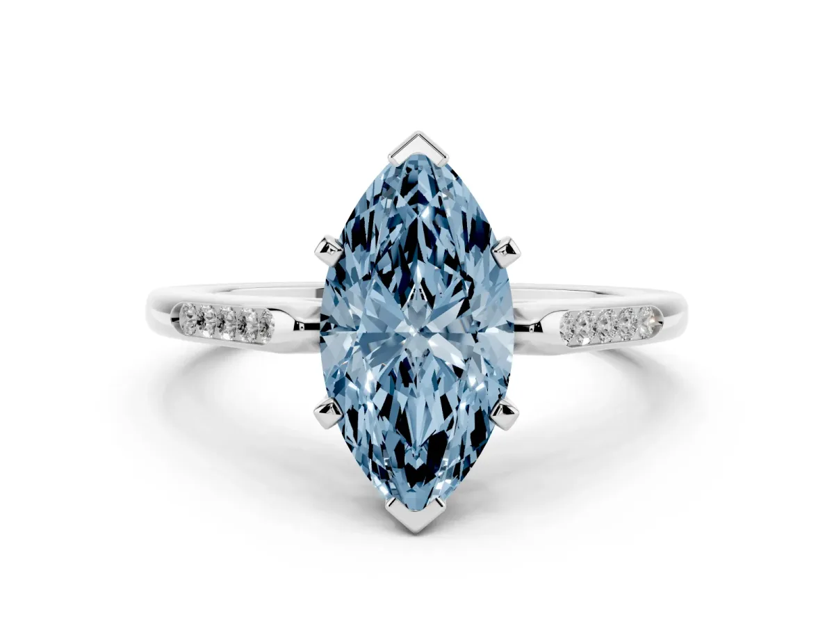 Fancy Blue Marquise Cut Diamond Solitaire Ring with Channel Set Round Band and Prong Setting Silver