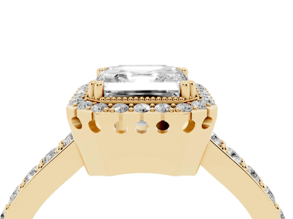 Asscher Cut Cut Diamond Halo Engagement Ring with Milgrain Detail and Pavé Band Yellow gold