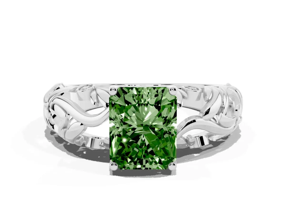 Fancy Green Radiant Cut Solitaire Diamond Leaf-Inspired Vine Band Ring with Prong Setting Silver