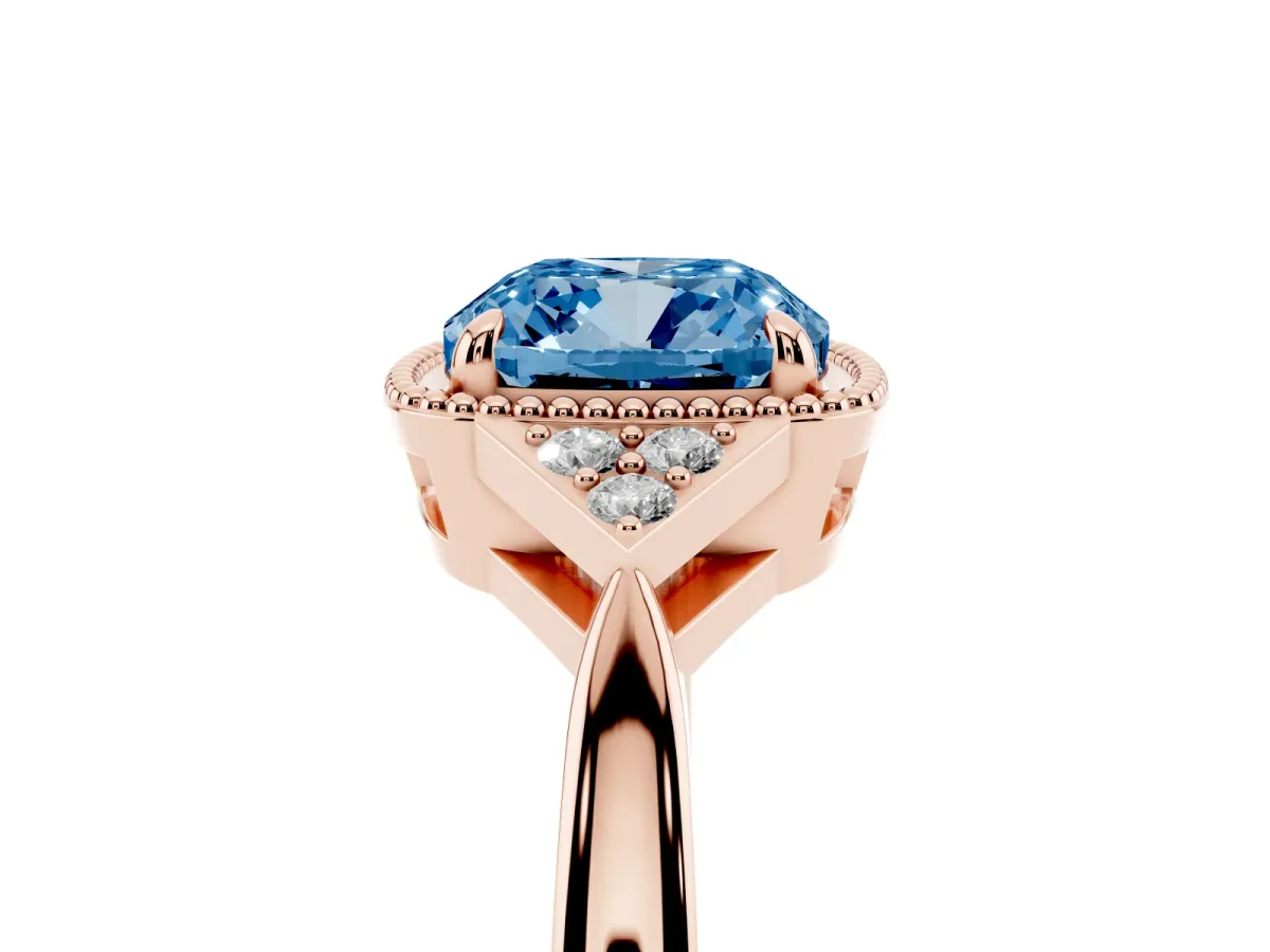 Fancy Blue Cushion Cut Diamond Halo Ring with Tapered Band and Four-Prong Setting Rose gold