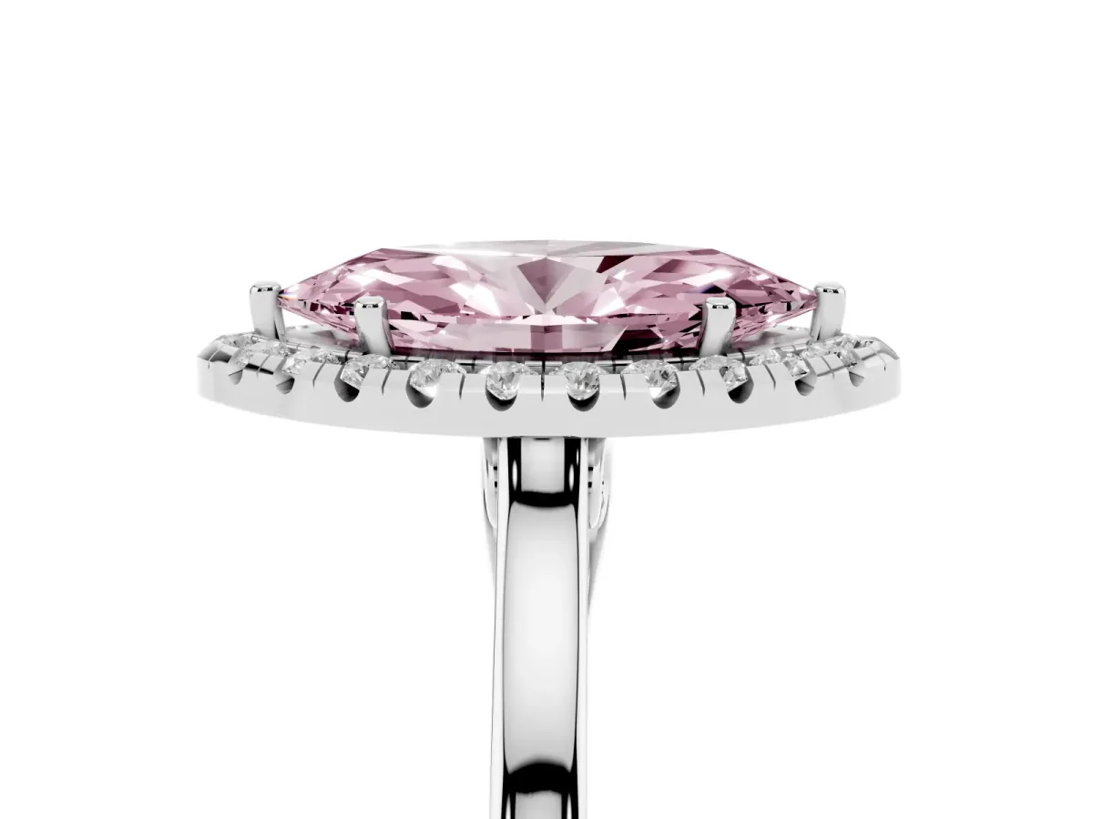 Fancy Pink Marquise Cut Halo Round Diamond Solitaire Ring with Pavé Band and Four-Prong Setting Silver