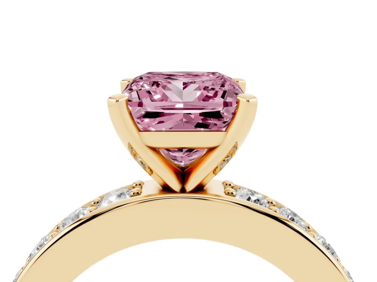 Fancy Pink Princess Cut Diamond Engagement Ring with Channel Set Round Band and Prong Setting Yellow gold