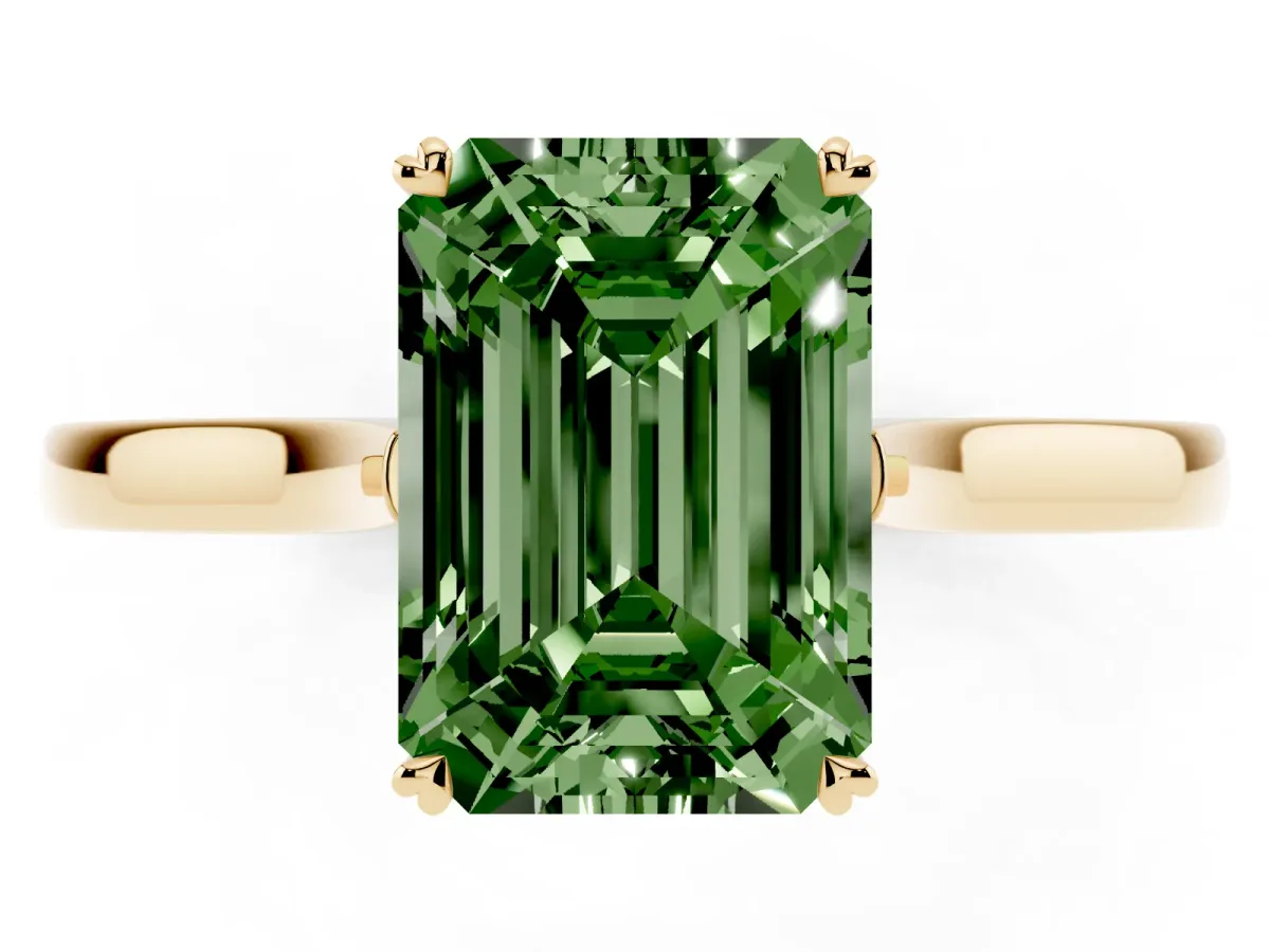 Fancy Green Emerald Cut Solitaire Heart Prong Engagement Ring with Tapered Band Yellow gold