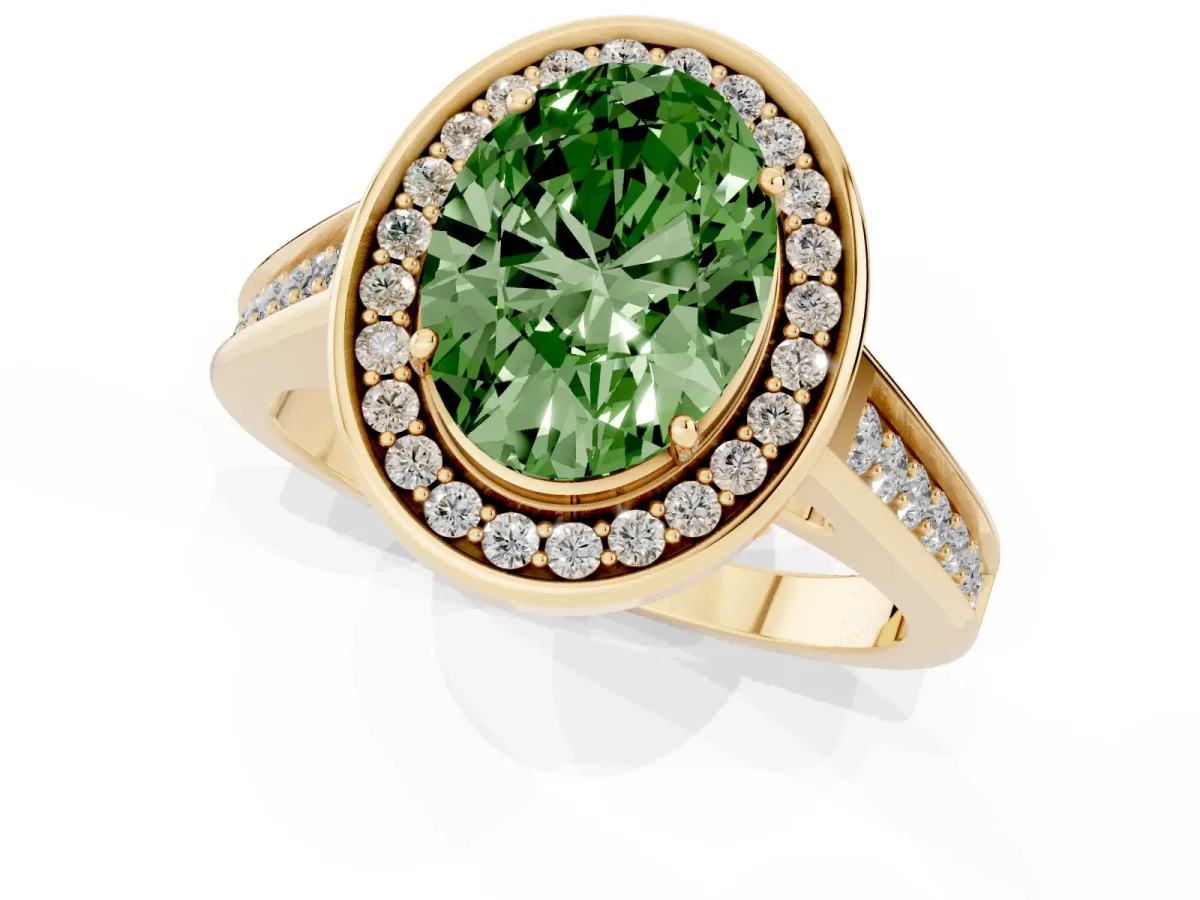 Fancy Green Oval Cut Halo Solitaire Diamond Ring with Pave Band and Bezel Setting Yellow gold