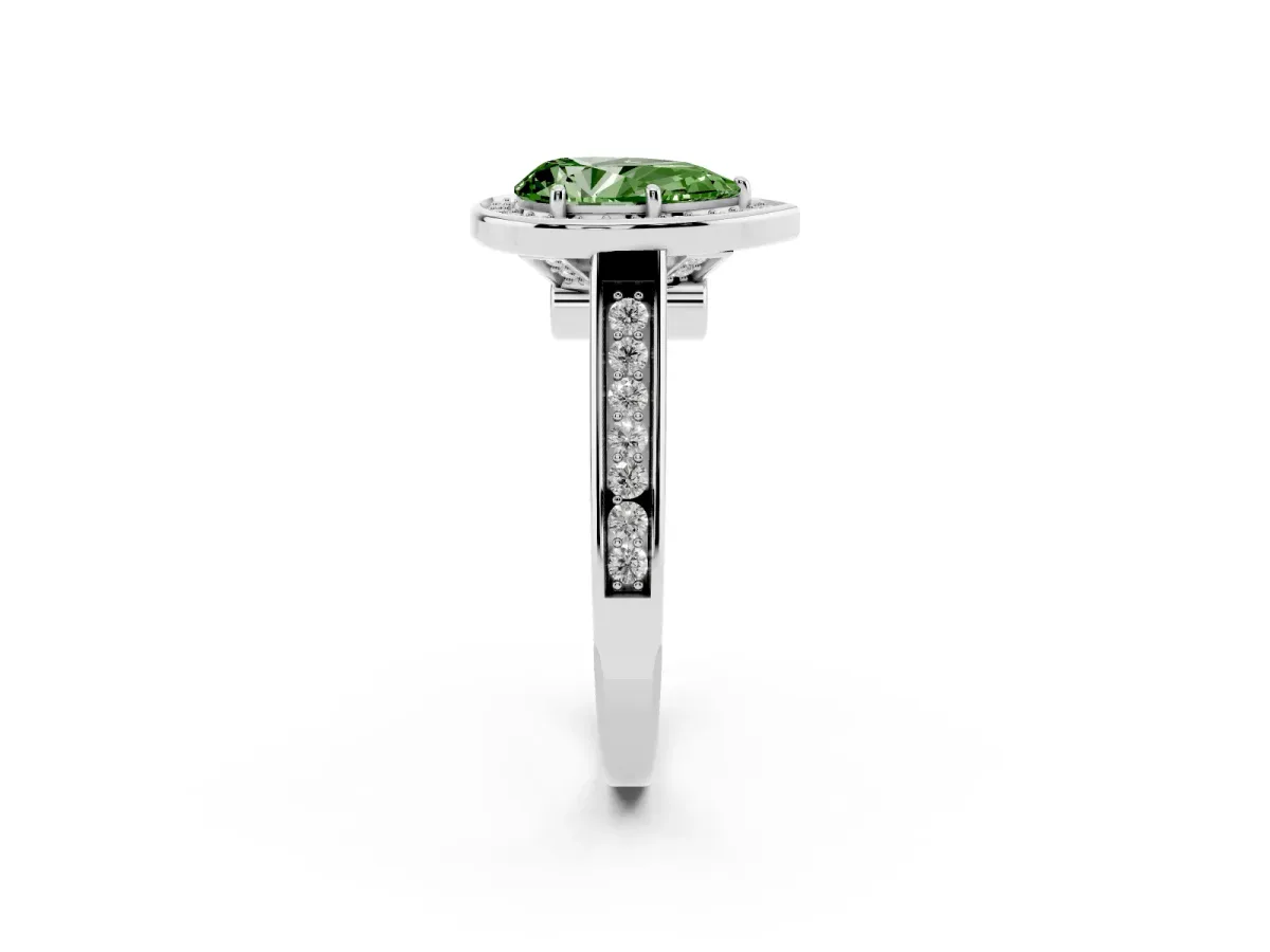 Fancy Green Pear Cut Halo Solitaire Diamond Ring with Pave Band and Bezel Setting Silver