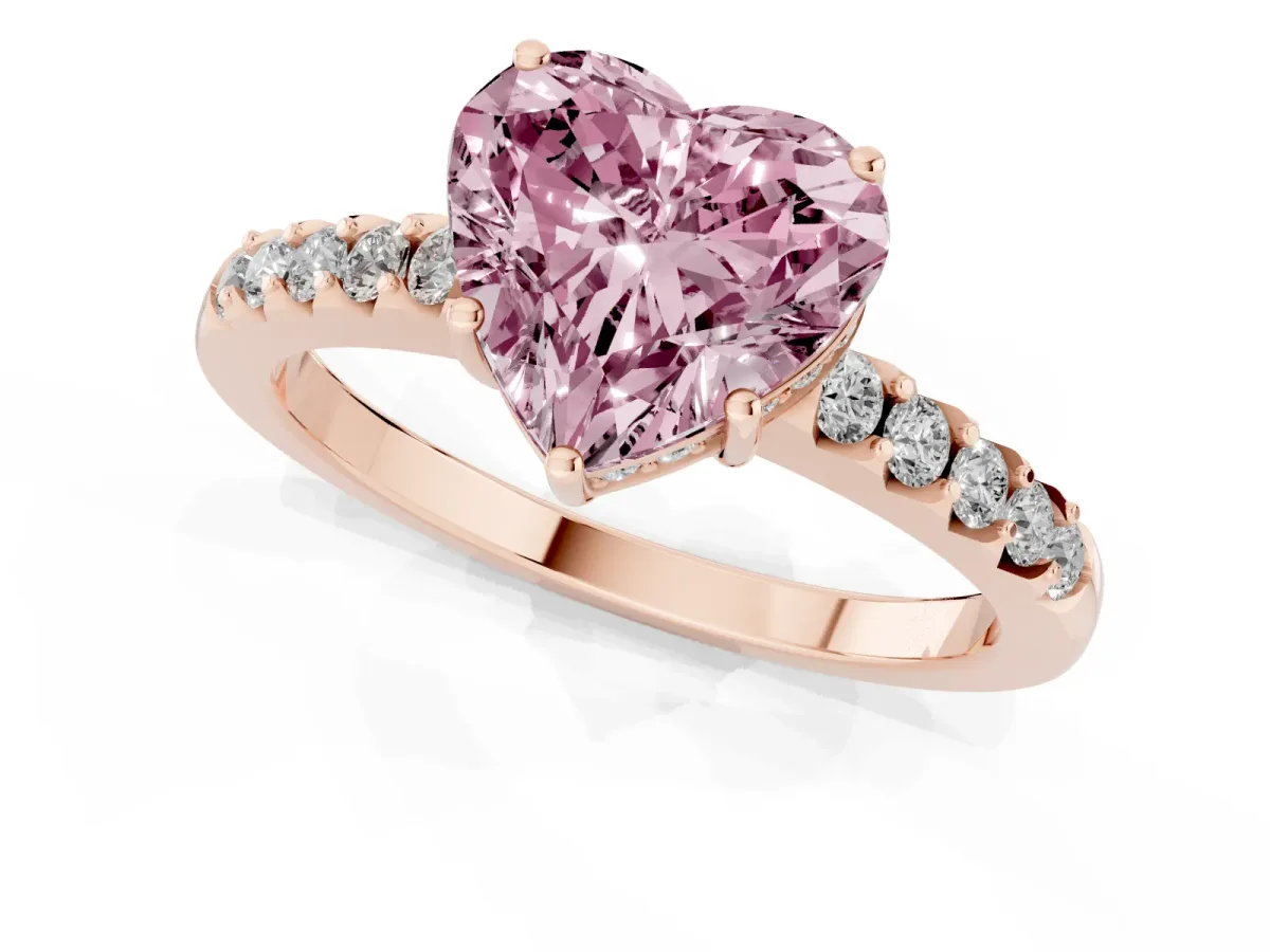 Fancy Pink Heart Cut Solitaire Diamond Engagement Ring with Pavé Band and Six-Prong Setting Rose gold