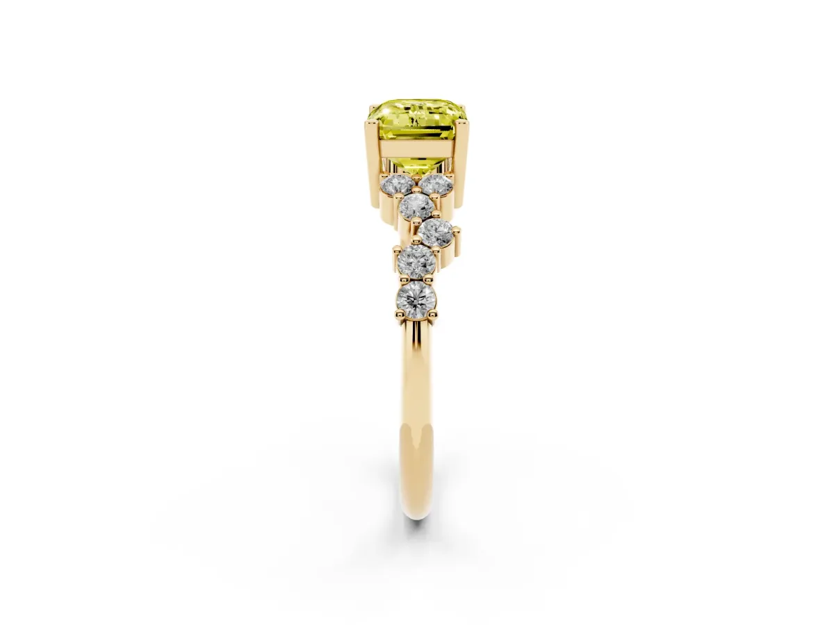 Fancy Yellow Emerald Cut Diamond Scattered Round Accent Ring with Prong Setting Yellow gold