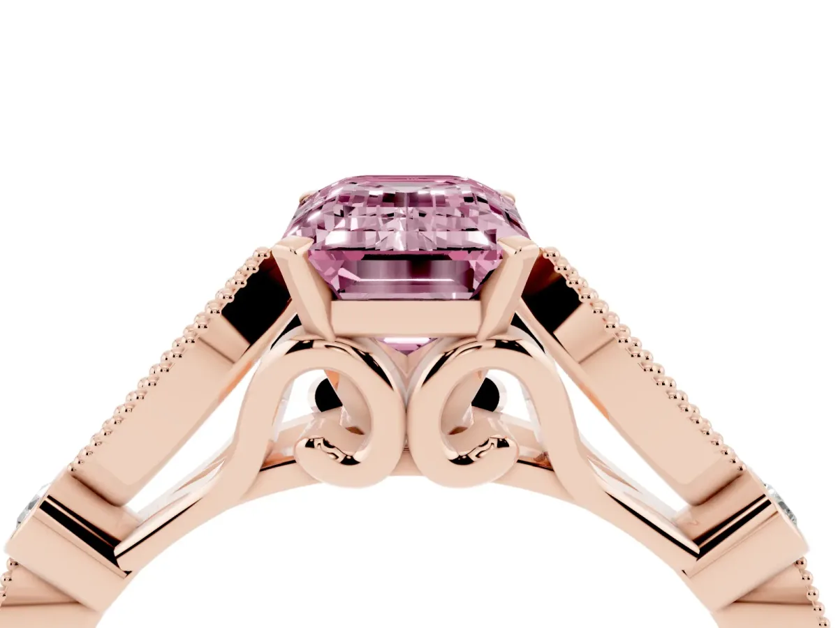 Fancy Pink Emerald Cut Cut Diamond with Milgrain Marquise and Bezel Accents on a Solitaire Band with Prong Setting Rose gold