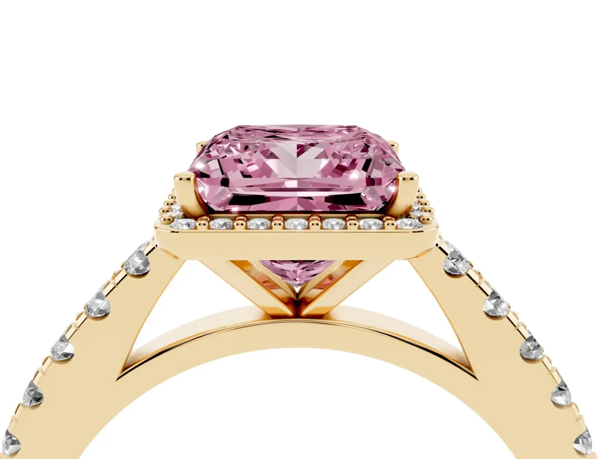 Fancy Pink Princess Cut Cut Halo Diamond Engagement Ring with Pave Band and Four-Prong Setting Yellow gold